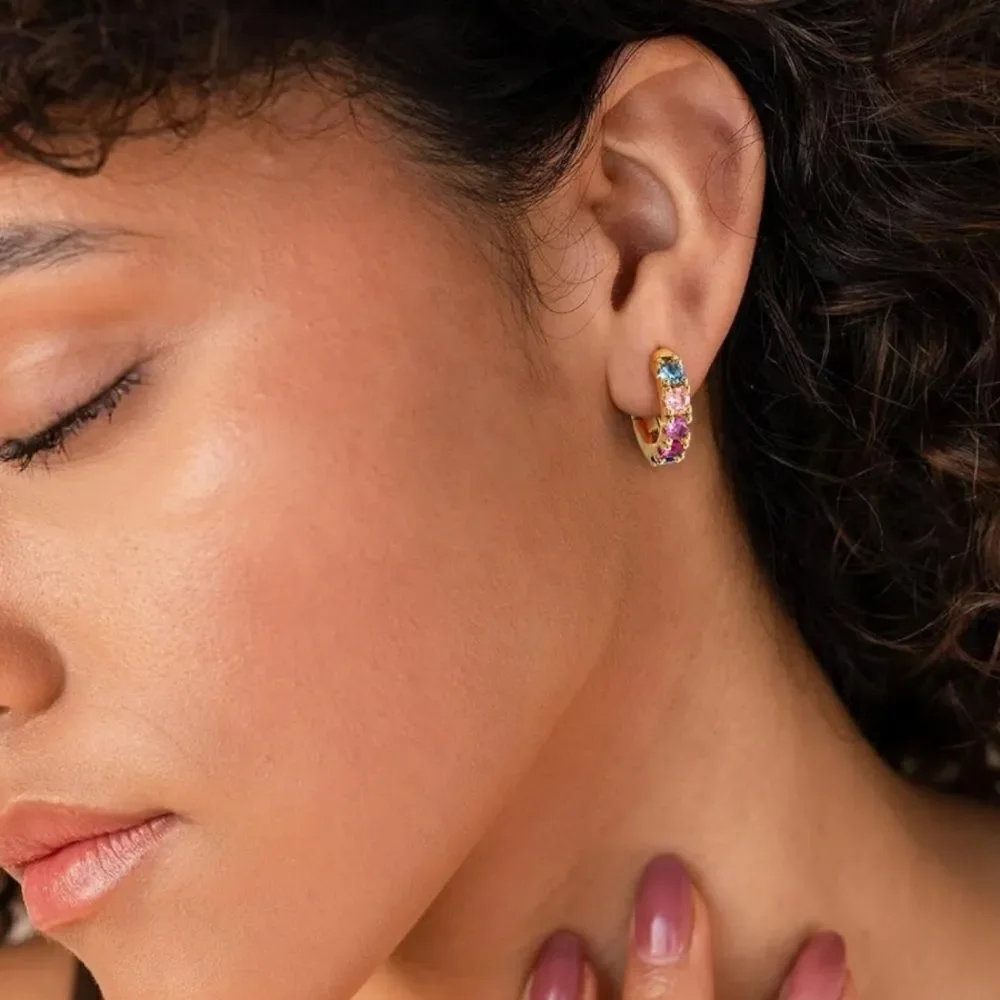 14K Yellow Gold Sterling Silver and Multicolor Cubic Zirconia Huggie Earrings